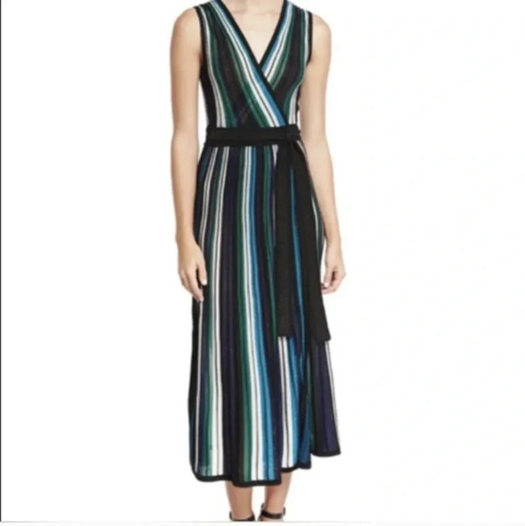 Diane Von Furstenberg Metallic Dress Cadenza Knit Wrap Blue Green Medium Midi - Picture 2 of 10